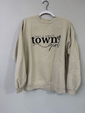 Hanes Cream Crewneck Sweatshirt with "Just a Small Town Girl" Graphic